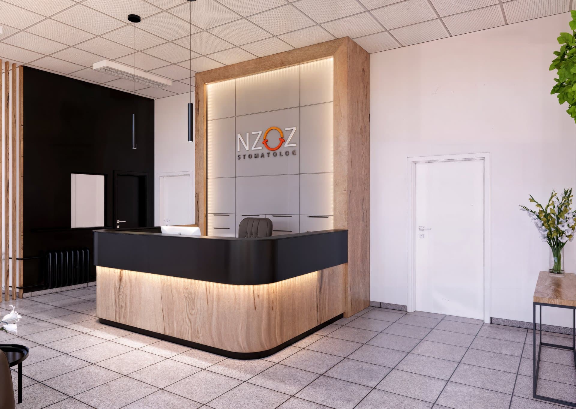 Aranżacja wnętrza: Rejestracja stomatologiczna — wizualizacja 1/2